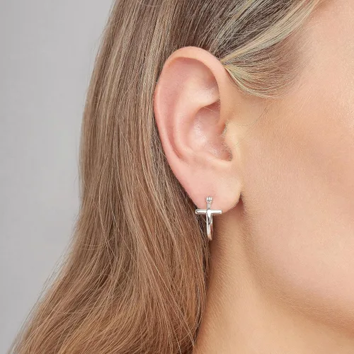 Miniatura 2 de 925 Sterling Silver Cross Circle Hoop or Stud Earrings