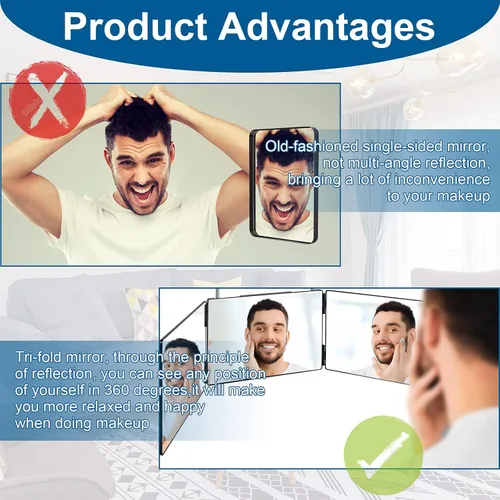 Miniatura 5 de LMZNXCZ Espejo de 3 vías para corte de pelo automático, espejo de 360 cortes para hombres para uso de barbero, para ver la parte posterior