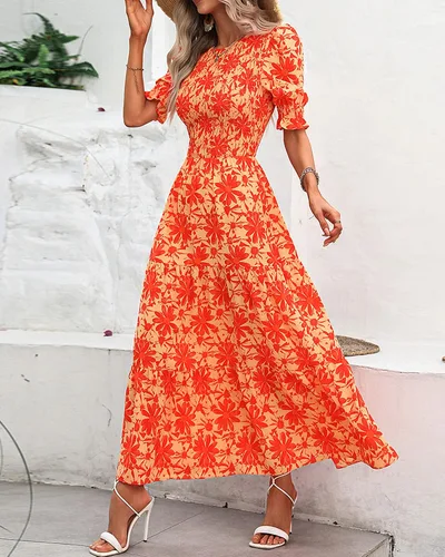 Miniatura 129 de BTFBM Vestidos para mujer, cuello redondo, casual, de verano, con volantes, manga corta, bohemio, con niveles, fruncido, largo, con estampado floral