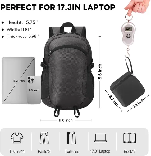 Miniatura 3 de Mochila pequeña de senderismo para viajes, ligera, plegable, mochila de día resistente al agua, mochilas plegables de 15L para viajes, mujeres, Negro