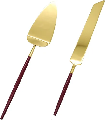 Koyal Wholesale Juego de cuchillo y servidor para pastel de boda burdeos, cortador de pasteles y servidor con mango dorado para novia y novio, juego