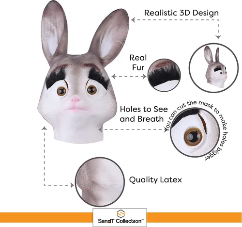 Miniatura 4 de SandT Collection Máscara de látex de cabeza de animal para disfraz de Halloween, fiesta de disfraces de cosplay Conejito