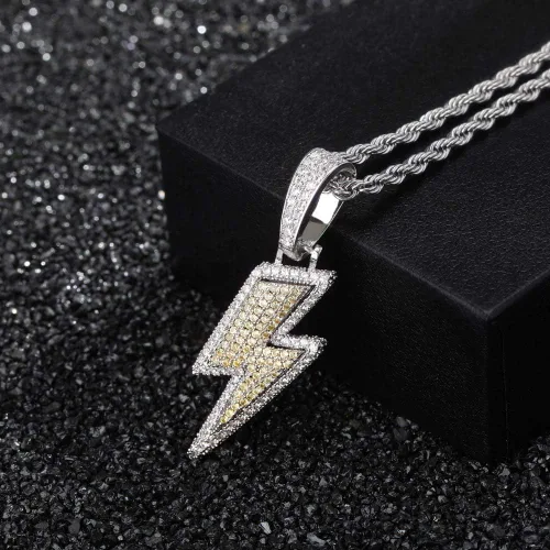 Miniatura 15 de JINAO Hip Hop - Colgante con diseño de rayo chapado en oro de 18 quilates con circonita cúbica con micropave de imitación de diamante para hombres