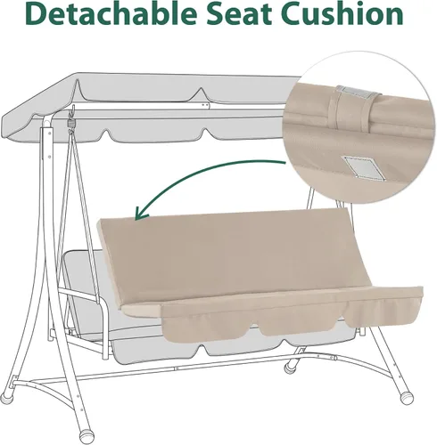 Miniatura 7 de MCombo Columpios de patio de 3 asientos con marco de acero resistente a la intemperie, toldo ajustable, columpio reclinable para porche al aire Beige