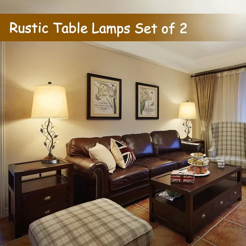 Miniatura 5 de Sheetea Juego de 2 lámparas de mesa estilo granja de 24.5 pulgadas, lámparas rústicas para dormitorio con 2 puertos de carga USB, pantalla de tela