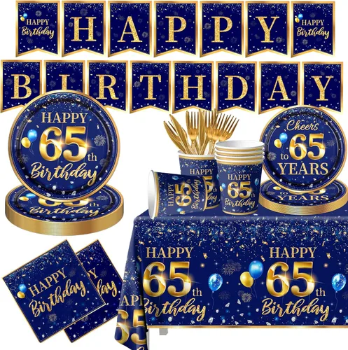 Miniatura 12 de Decoración de cumpleaños número 16 para hombres - Juego de 142 piezas de vajilla azul marino y dorada para cumpleaños (sirve para 20) Incluye