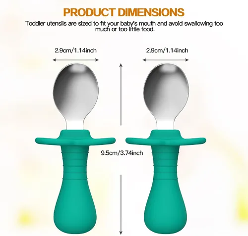 Miniatura 7 de 2 cucharas para bebé, cucharas para niños pequeños para autoalimentarse, cucharas para niños con mango redondo de silicona, utensilios de acero