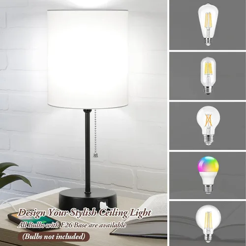 Miniatura 6 de Juego de 2 lámparas de mesa con puertos de carga USB, lámparas de noche blancas con salida de CA, lámparas de mesita de noche con interruptor