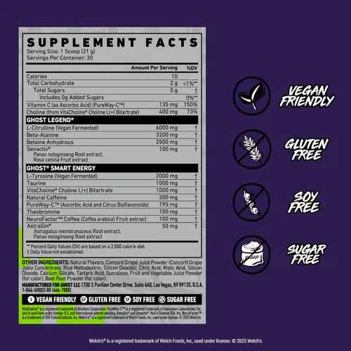 Miniatura 4 de GHOST Legend Polvo de Pre-Entrenamiento, Welch's Grape - 30 Porciones – Pre-Entrenamiento para Hombres y Mujeres con Colina, L-Citrulina, y Beta