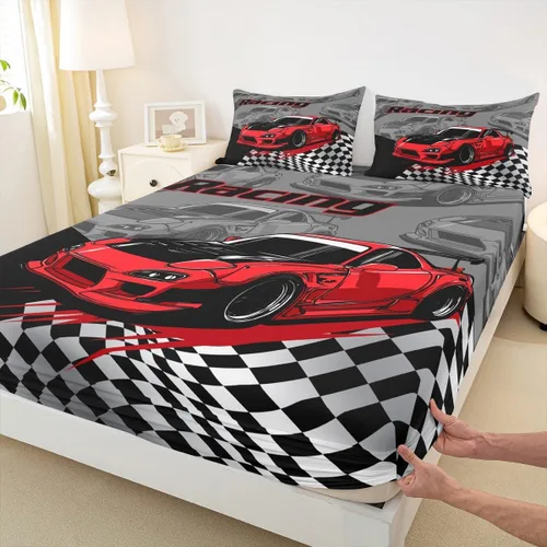Miniatura 18 de Juego de sábanas bajeras para niños de Red Race Car tamaño individual, juego de ropa de cama con bandera de carreras de deportes extremos