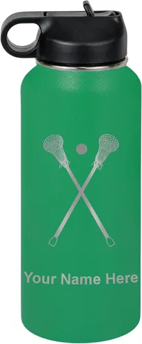 Miniatura 30 de LaserGram Botella de agua personalizada, palitos de lacrosse, acero inoxidable de doble pared aislada al vacío con popote superior, regalo grabado