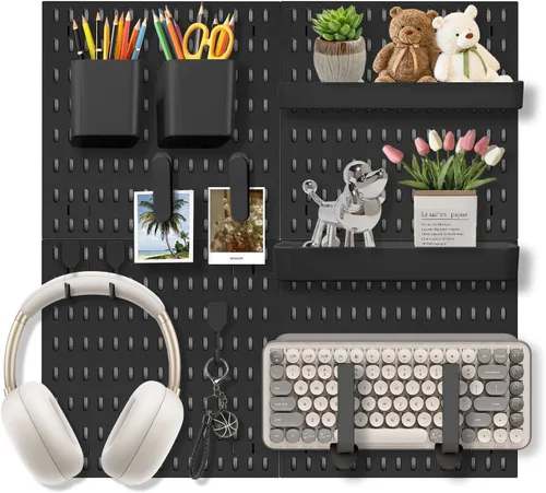 Set de Organizador de Pared con Tablero de Clavijas – 4 Tableros con Ganchos y Estantes – Organizador de Escritorio para Oficina, Cocina, Sala de