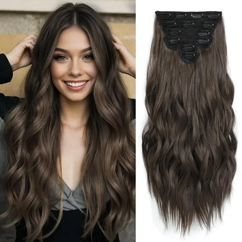 Miniatura 8 de Extensiones de cabello con clip para mujer, negro natural con reflejos marrones, 20 pulgadas, 6 piezas, extensiones de cabello largo, ondulado