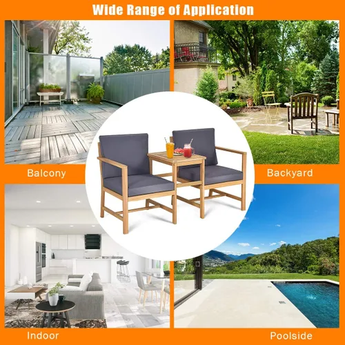 Miniatura 3 de Tangkula Sofá biplaza de madera de acacia 3 en 1 con mesa auxiliar separable, juego de sillas de madera de 3 piezas con cojines, juego de muebles