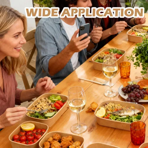 Miniatura 7 de Paquete de 50 cuencos de papel kraft desechables de 25 onzas con tapas, recipientes rectangulares de papel para alimentos, recipientes