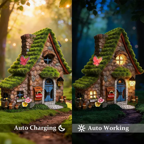 Miniatura 11 de Estatuas de casa de hadas de resina ASAWASA con luces solares, esculturas de jardín divertidas con decoración flocada y adoquinada, exquisitas