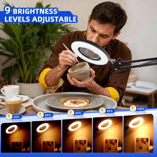 Miniatura 4 de Akynite 12 lupas con luz y soporte, lámpara de escritorio con lupa de cristal real de 144 LED con base y abrazadera, 5 modos de color, lupa