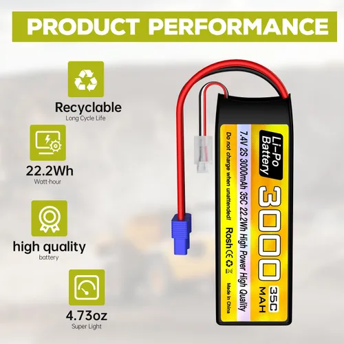 Miniatura 5 de 2 unidades 2S Lipo batería 7.4 V 3000 mAh 35C con enchufe EC3 con 2 cables de carga USB para RC coche, camión, barco, cuadricóptero FPV Drone batería