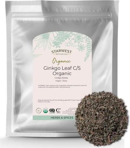 Starwest Botanicals Hoja de ginkgo orgánica – Ginkgo Biloba, hierba seca de hojas sueltas para té y mezclas de hierbas, cortada y tamizada,