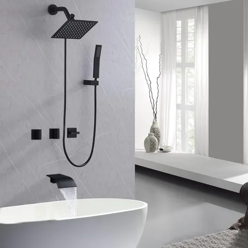 Miniatura 9 de Grifo de ducha de bañera de 3 manijas, juego de grifo de ducha de bañera con caño de bañera, sistema de ducha dual 2 en 1, kit completo de acabados