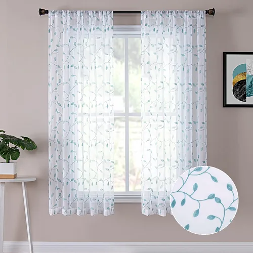 Miniatura 13 de Tollpiz Cortinas Cortas Transparentes de Hojas con Bordado de Hojas Grises, Cortinas de Dormitorio con Bolsillo para Barra, Voile de Lino Sintético