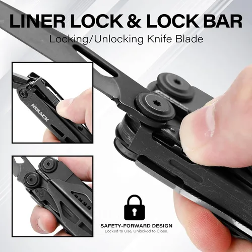 Miniatura 6 de Tijeras y alicates multiherramienta 21 en 1 con cortadores de tungsteno, autobloqueo Kit EDC duradero y resistente para camping, reparación, Negro
