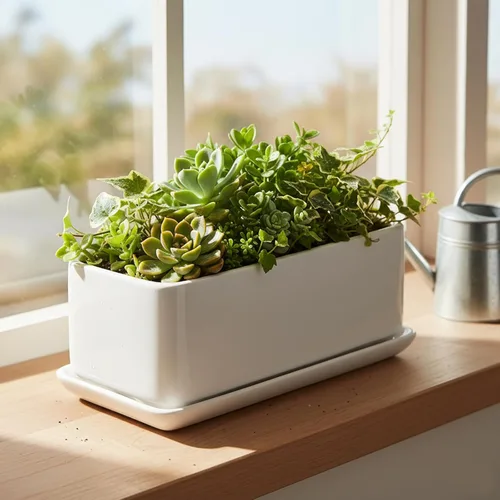 Miniatura 2 de Maceta moderna rectangular minimalista de cerámica de 10 pulgadas para plantas suculentas/Caja abierta con platillo, Moderno, Blanco