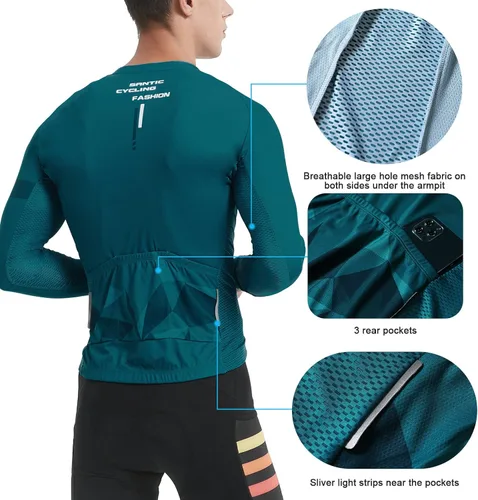 Miniatura 54 de Santic - Camiseta de ciclismo para hombre, manga larga, reflejante, cremallera completa, con bolsillos