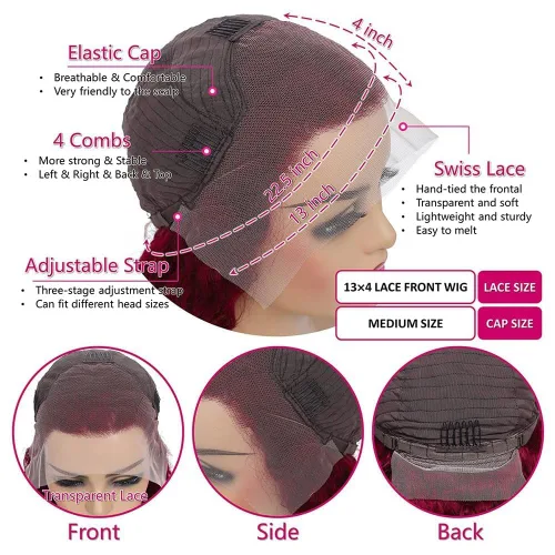 Miniatura 3 de Pelucas de encaje frontal burdeos de cabello humano, pre arrancadas, 180% de densidad, sin pegamento, pelucas de cabello humano pre arrancadas, 18