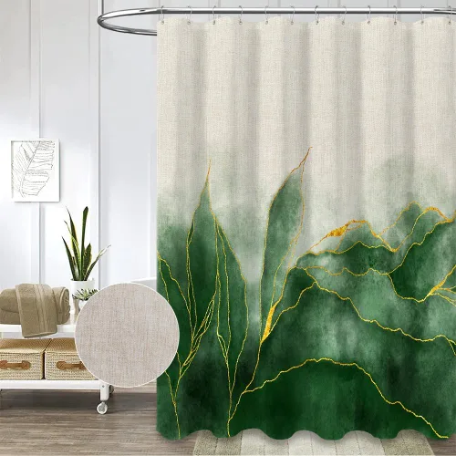 Cortina de ducha de lino con diseño de mármol, verde degradado, dorado, decoración moderna de baño, color verde esmeralda, tela dorada, impermeable,