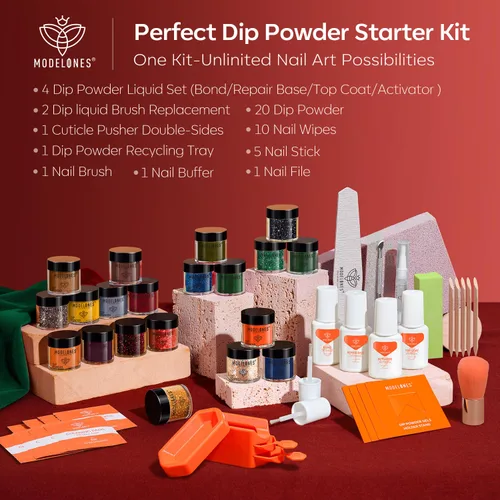 Miniatura 5 de Modelones Kit de uñas en polvo de inmersión de Navidad, 20 colores, rojo, verde, marrón, naranja, brillante, juego de iniciación de polvo de A-Kit