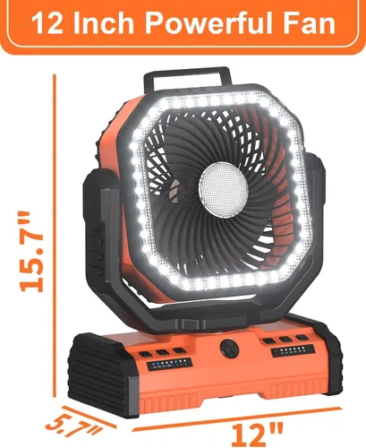 Miniatura 8 de ADUST Ventilador de campamento de 12 pulgadas, funciona con pilas, con linterna LED, ventilador oscilante portátil recargable de 44000 mAh
