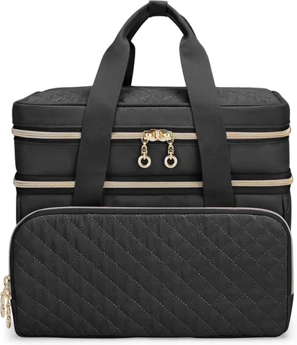 Miniatura 8 de YARWO Organizador de suministros de costura de doble capa con 5 divisores personalizados, bolsa de almacenamiento portátil para accesorios de Negro