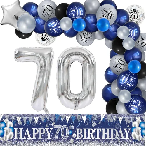 Miniatura 8 de Decoraciones de fiesta de cumpleaños 60, azul marino, plateado, pancarta de feliz cumpleaños 60 con 61 globos de látex, globos de aluminio