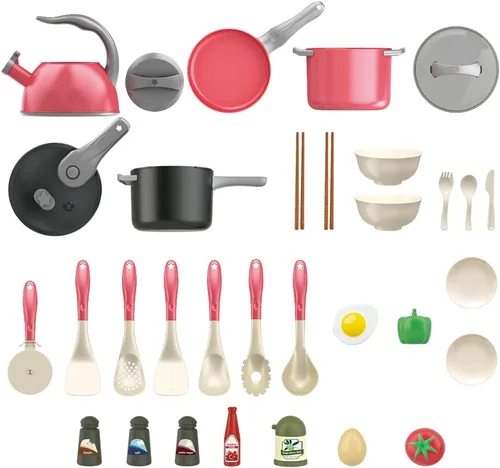 Miniatura 9 de Bruvoalon Juego de 32 juguetes de cocina para niños, accesorios de cocina con ollas, sartenes, utensilios de cocina, alimentos, verduras enlatadas