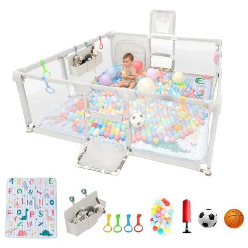 Miniatura 8 de Corralito para bebés y niños pequeños, 73"x71" corralito para bebés con alfombra para interiores y exteriores con corralito transpirable con pelotas