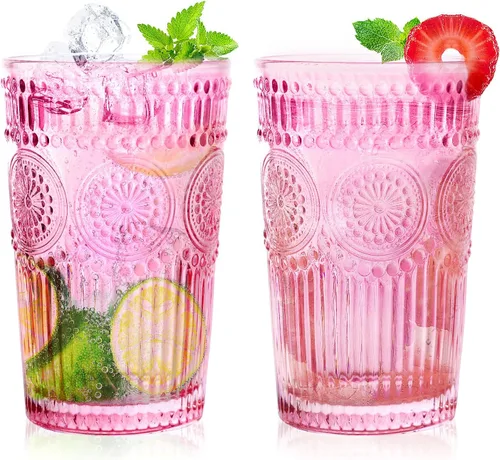 Miniatura 13 de Loivttvv Juego de 6 vasos de bebida vintage, vasos de Highball de 12 oz / 354.83 ml en ámbar, vasos de cristal acanalados con relieve para cóctel