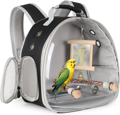 Miniatura 17 de Jaula portátil de viaje para loros con juguete pequeño oscilante y jaula, juego de juguetes coloridos para pájaros pequeños, bolsa de periquito