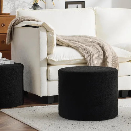 Bezseller Soft Boucle Puf otomano, cómodo reposapiés, relleno de espuma completa para sala de estar, dormitorio, comodidad ligera y encantador, Negro