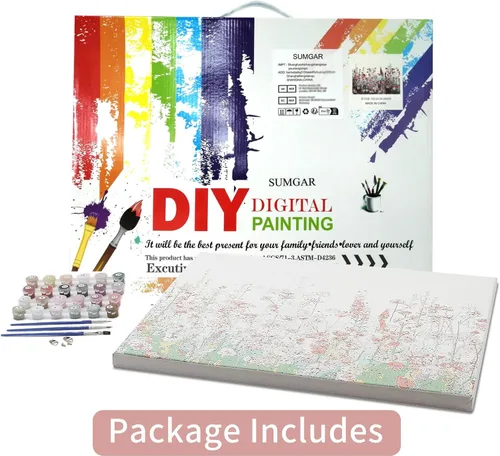Miniatura 7 de SUMGAR Kit de pintura enmarcada por números para adultos flores, kit de pintura de lienzo de flores silvestres rosas con marco, pintura acrílica