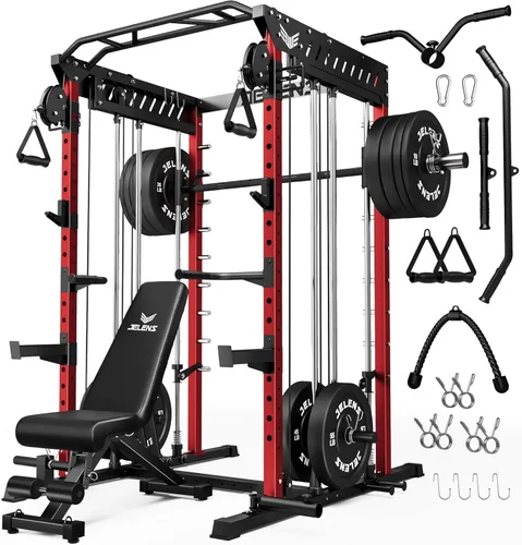 Miniatura 16 de JELENS M21 - Máquina Smith, jaula de potencia multifunción con sistema de cruce de cable de polea doble, banco de sentadillas todo en uno de 907 kg