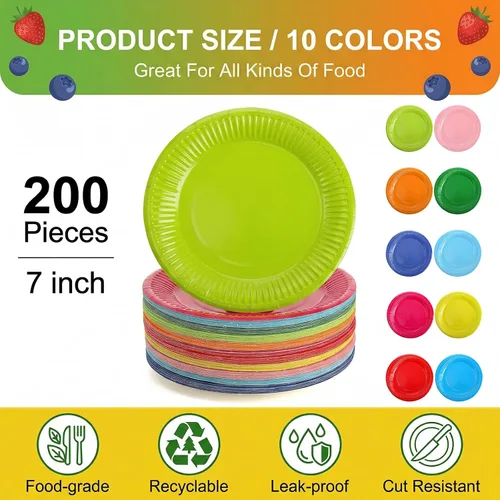 Miniatura 2 de Nicunom 200 platos de papel para fiestas, platos de postre desechables de 7 pulgadas, platos redondos de colores surtidos, a granel para fiestas