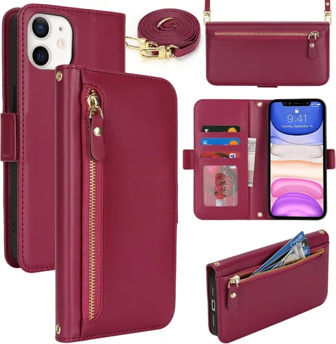 Lipvina Funda tipo cartera para iPhone 11 para mujer, bolsillo con cremallera, funda de piel sintética con soporte, correa cruzada, con cremallera,