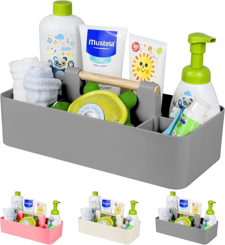 Miniatura 8 de Organizador de plástico para baby shower, organizador portátil de almacenamiento para niños/niños, cesta dividida con mango de madera para baño