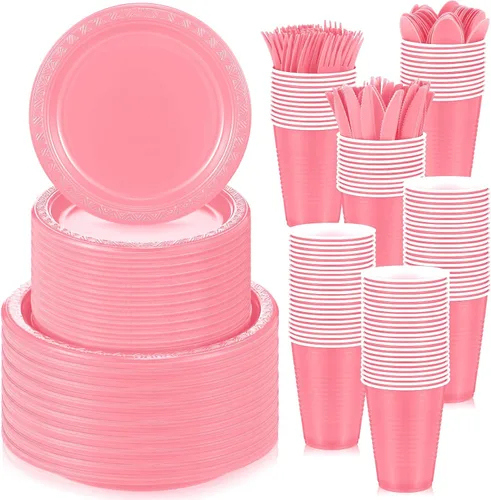 Miniatura 10 de Uiifan El juego de vajilla de plástico multicolor de 300 piezas incluye 50 platos llanos, 50 platos de aperitivo, 50 tazas, 50 cuchillos, 50
