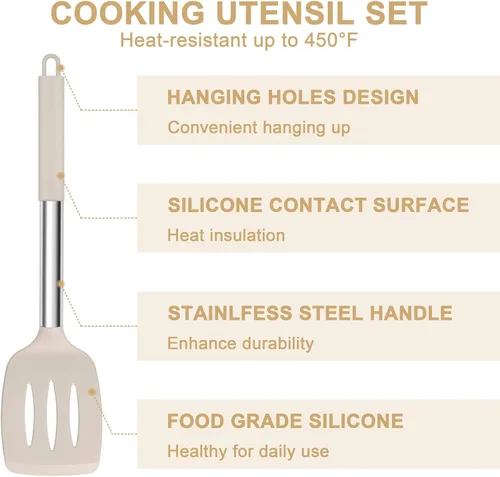 Miniatura 5 de E-far Juego de utensilios de cocina de silicona, 7 piezas de utensilios de cocina resistentes al calor con mango de acero inoxidable, espátula Caqui