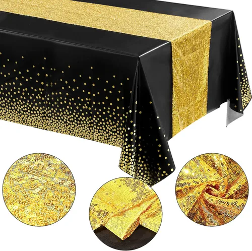 Miniatura 3 de Irenare Juego de Mantel y Camino de Mesa con Lentejuelas, Diseño de Lunares y Confeti, Cubierta de Mesa de Plástico con Purpurina, Decoraciones