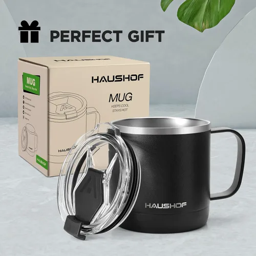 Miniatura 7 de HAUSHOF Taza de café de 14 onzas, taza de café aislada con asa, taza de viaje para camping, taza de café portátil de acero inoxidable, tazas de café