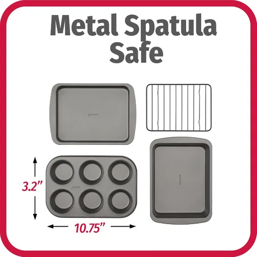 Miniatura 5 de GoodCook Juego de utensilios para hornear antiadherentes de acero de 4 piezas con bandeja, rejilla, molde para pastel y molde para muffins, gris