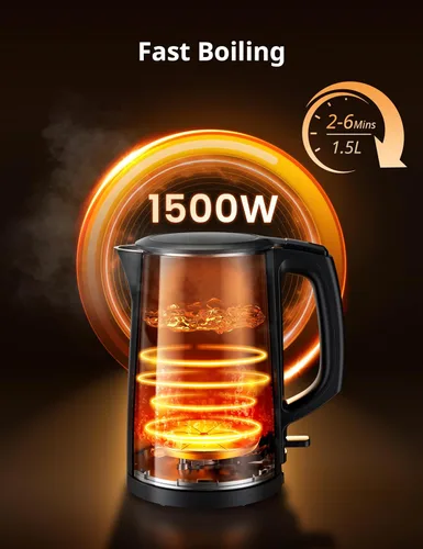 Miniatura 5 de Hervidor eléctrico y tetera de COMFEE', 1.5L de doble pared, interior de acero inoxidable, tapa y pico, hervido rápido, apagado automático y Negro